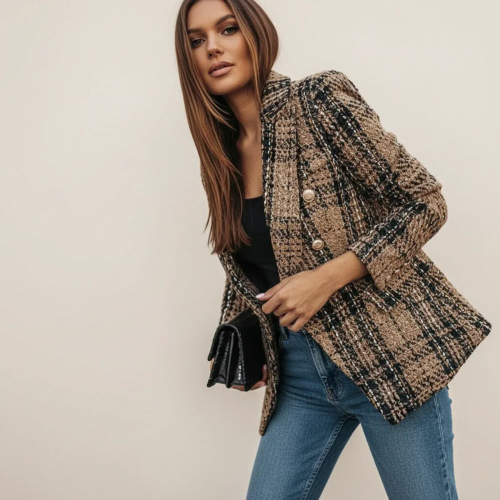 Women's Double-Breasted Knit Blazer, Tartan Structured Jacket