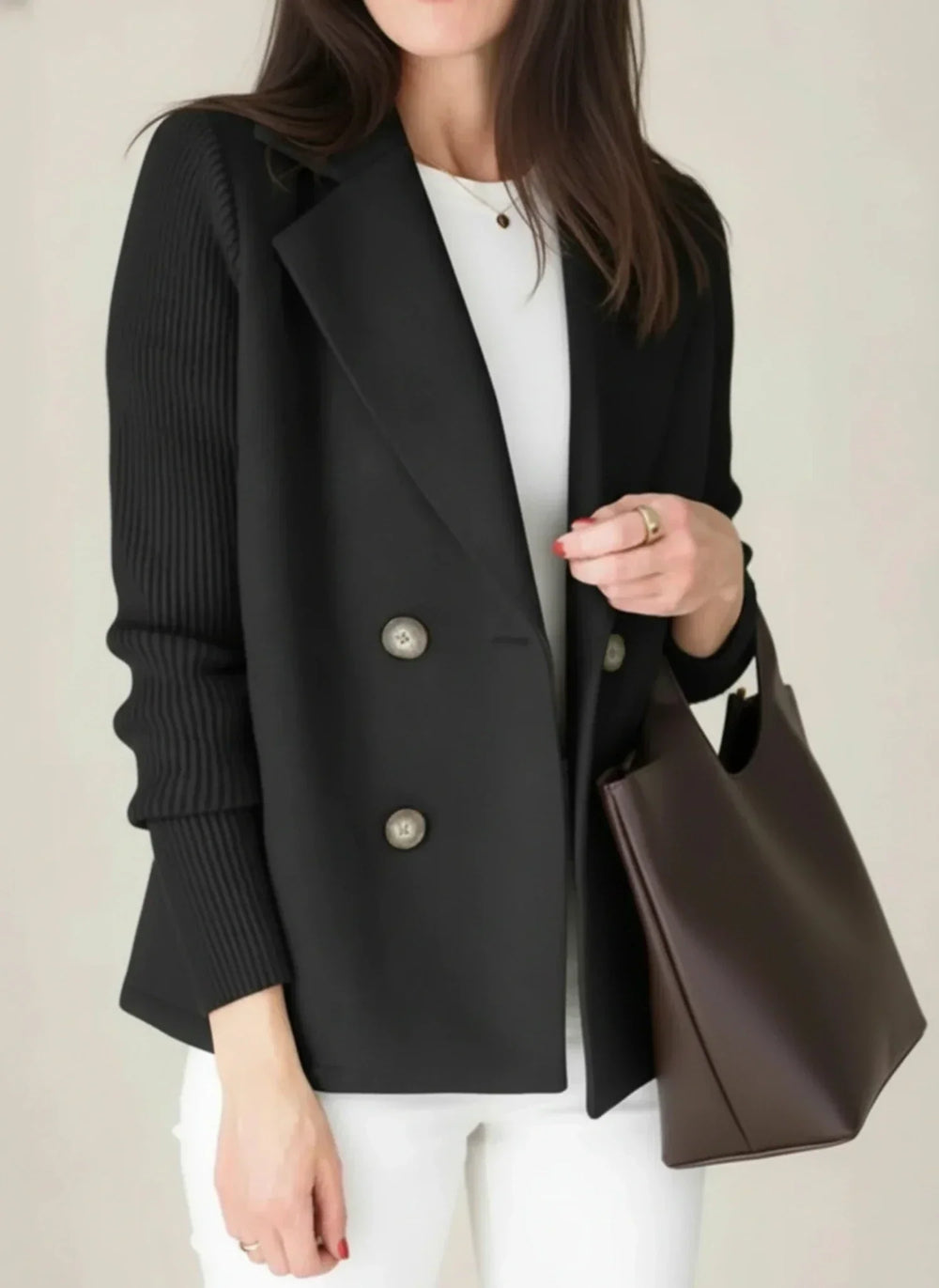 Women's Knit Sleeve Blazer Jacket, Double Breasted Notch Lapel Brushed Jacket