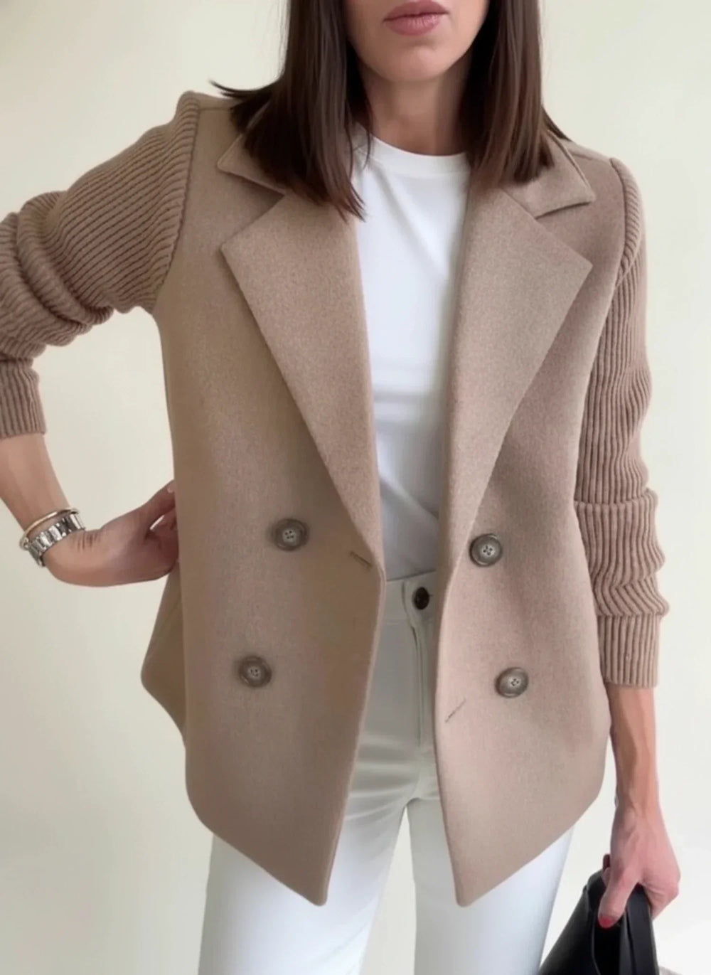 Women's Knit Sleeve Blazer Jacket, Double Breasted Notch Lapel Brushed Jacket