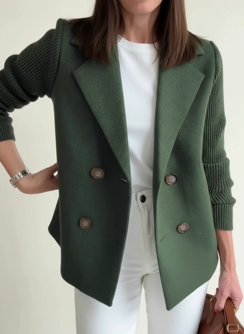 Women's Knit Sleeve Blazer Jacket, Double Breasted Notch Lapel Brushed Jacket