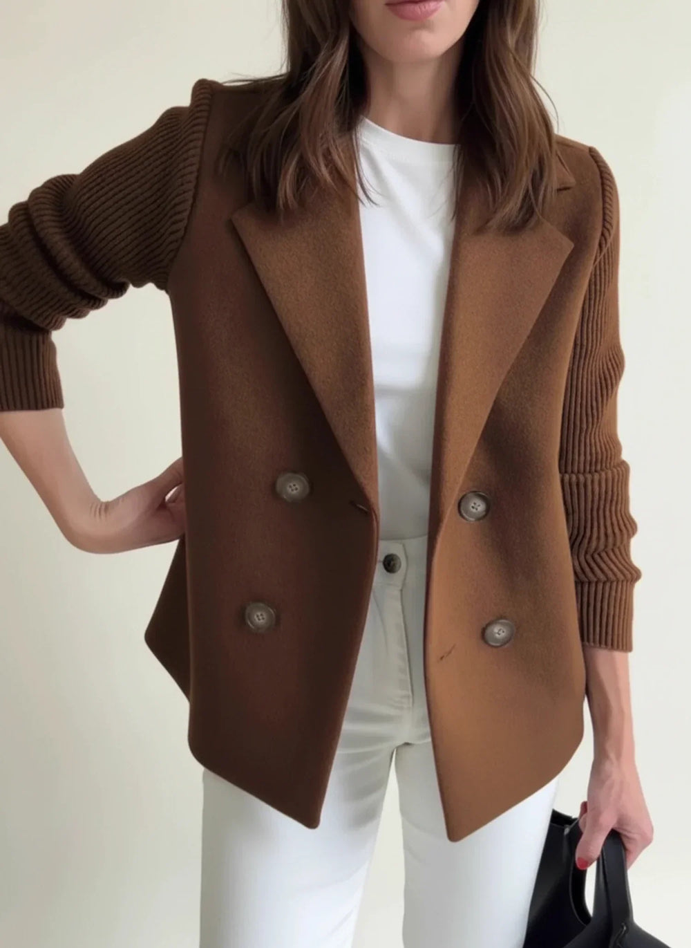 Women's Knit Sleeve Blazer Jacket, Double Breasted Notch Lapel Brushed Jacket
