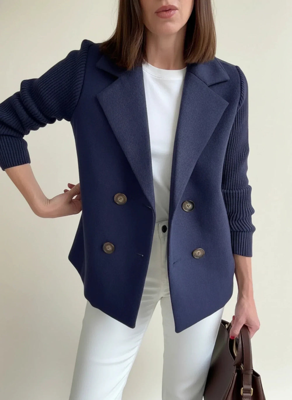 Women's Knit Sleeve Blazer Jacket, Double Breasted Notch Lapel Brushed Jacket