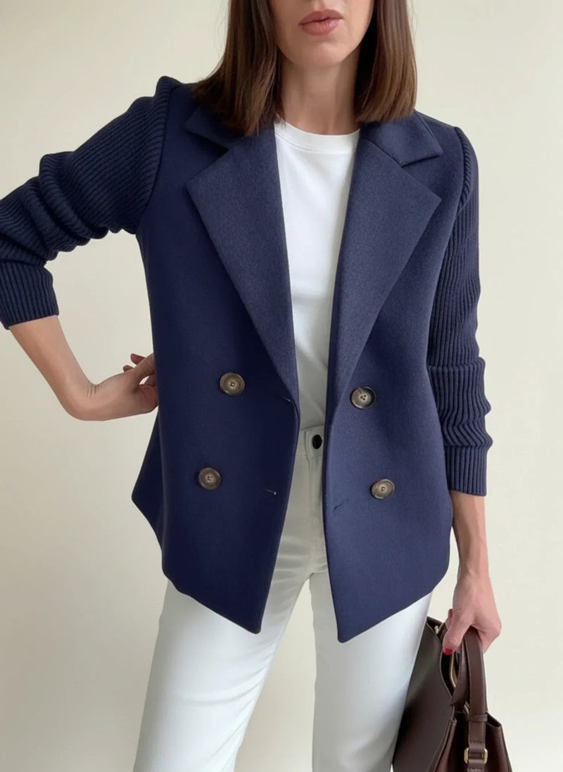 Women's Knit Sleeve Blazer Jacket, Double Breasted Notch Lapel Brushed Jacket
