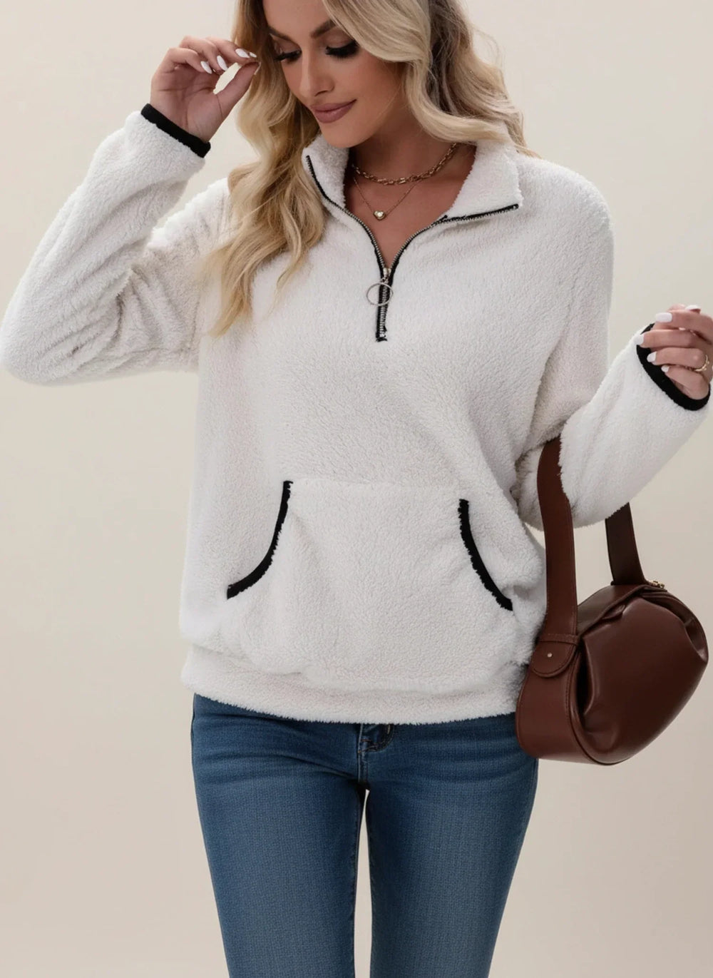 Women's Half-Zip Teddy Sweater, Fleece Winter Pullover