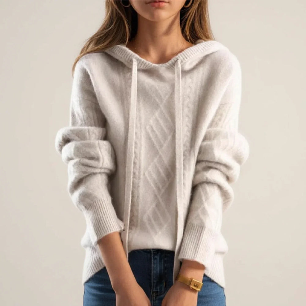 Women's Diamond Cable Knit Hooded Sweater, Drawstring Soft Relaxed Pullover