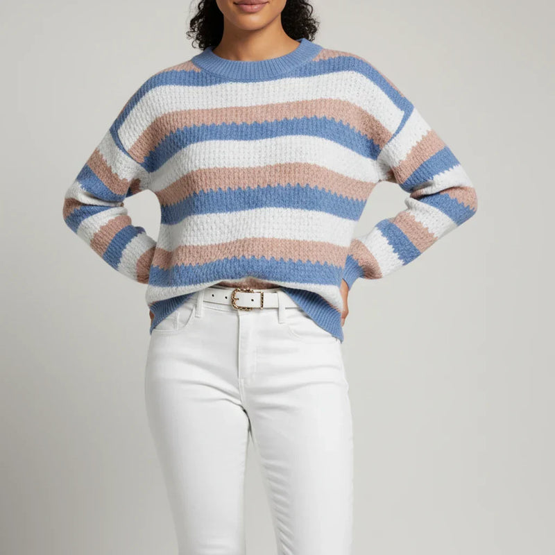 Women's Striped Knit Sweater, Crewneck Winter Pullover