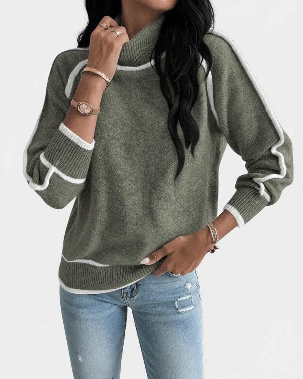 Women's Contrast Piped Turtleneck Sweater, Fine Knit Relaxed Pullover