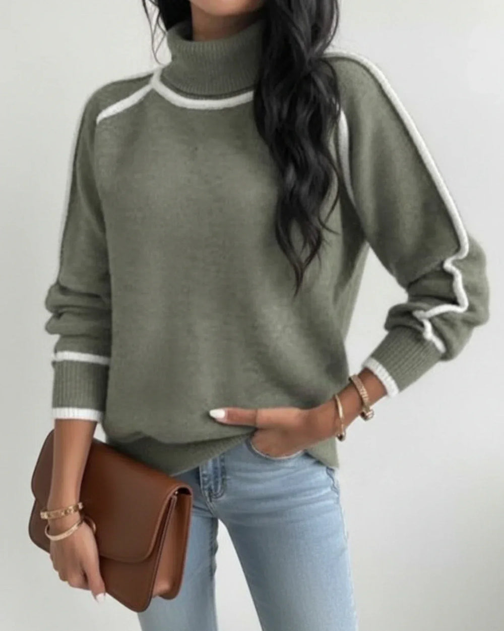 Women's Contrast Piped Turtleneck Sweater, Fine Knit Relaxed Pullover