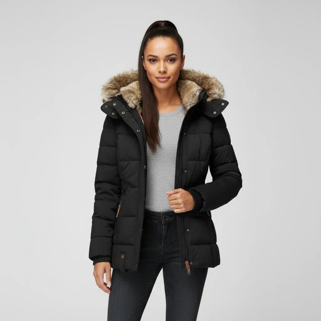 Women's Faux Fur Trim Hooded Puffer Jacket, Quilted Zip Up Snap Front Winter Coat